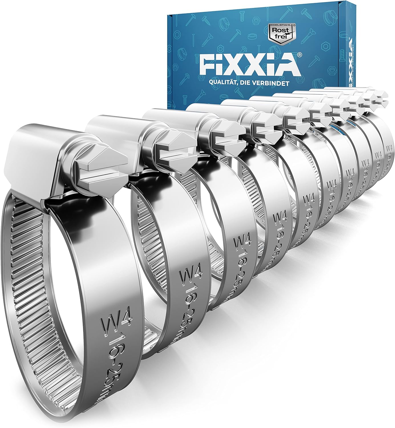 FIXXIA® Schlauchschellen [16-25mm] - rostfreier robuster Edelstahl - Schlauchklemme - Schlauchschelle für Pool, Garten, KFZ & Waschmaschine geeignet 10er-Pack