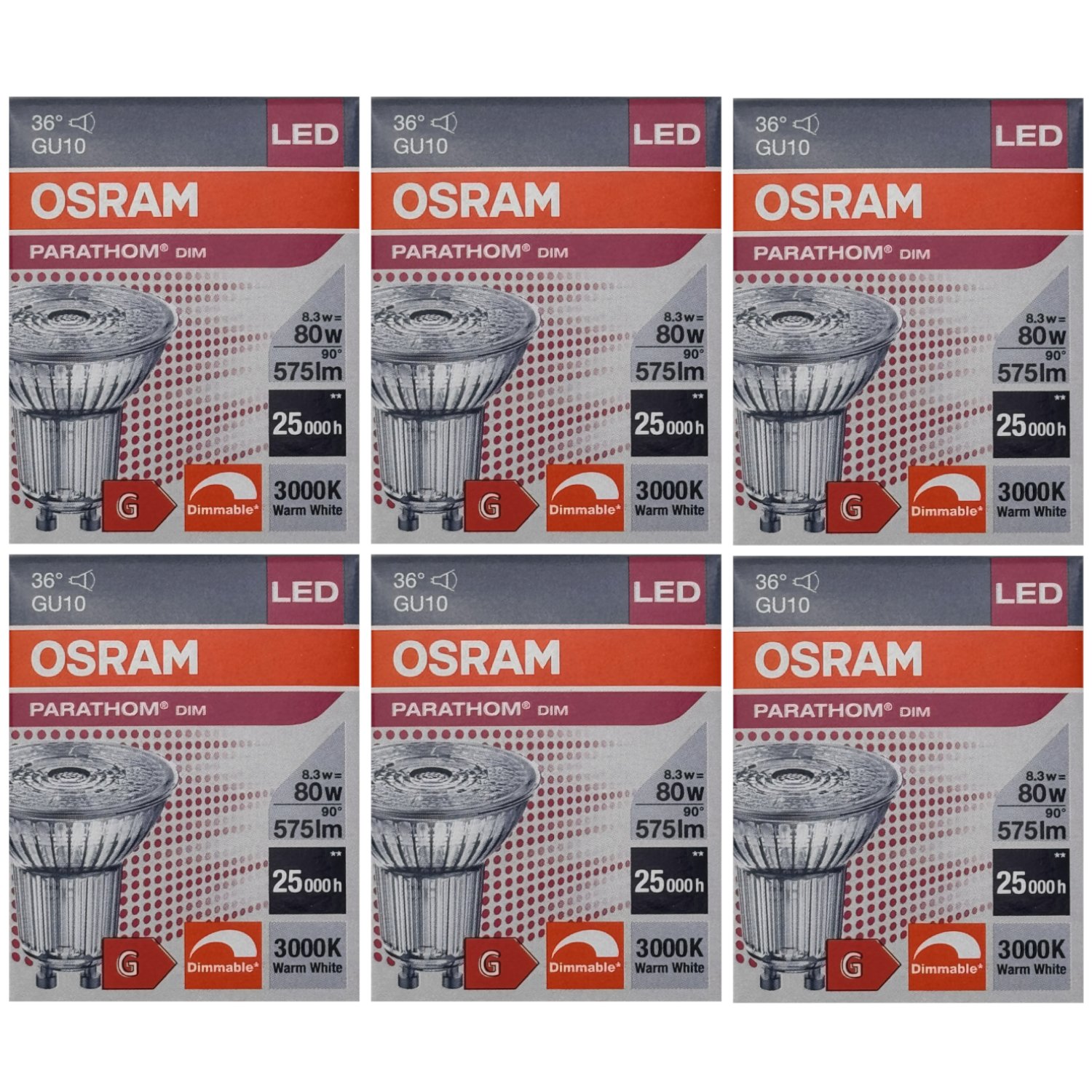 6x Osram Parathom LED Lampen PAR16, 80W, 3000K warm white, GU10, 575lm, dimmable